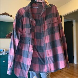 Pink and Gray Plaid Button-Up Shirt